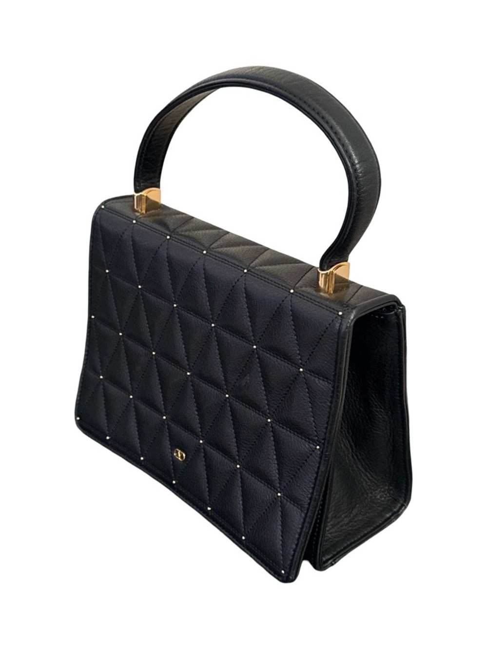 Vintage Valentino Garavani Black Calfskin Quilted Top Handle Handbag Gold Studs